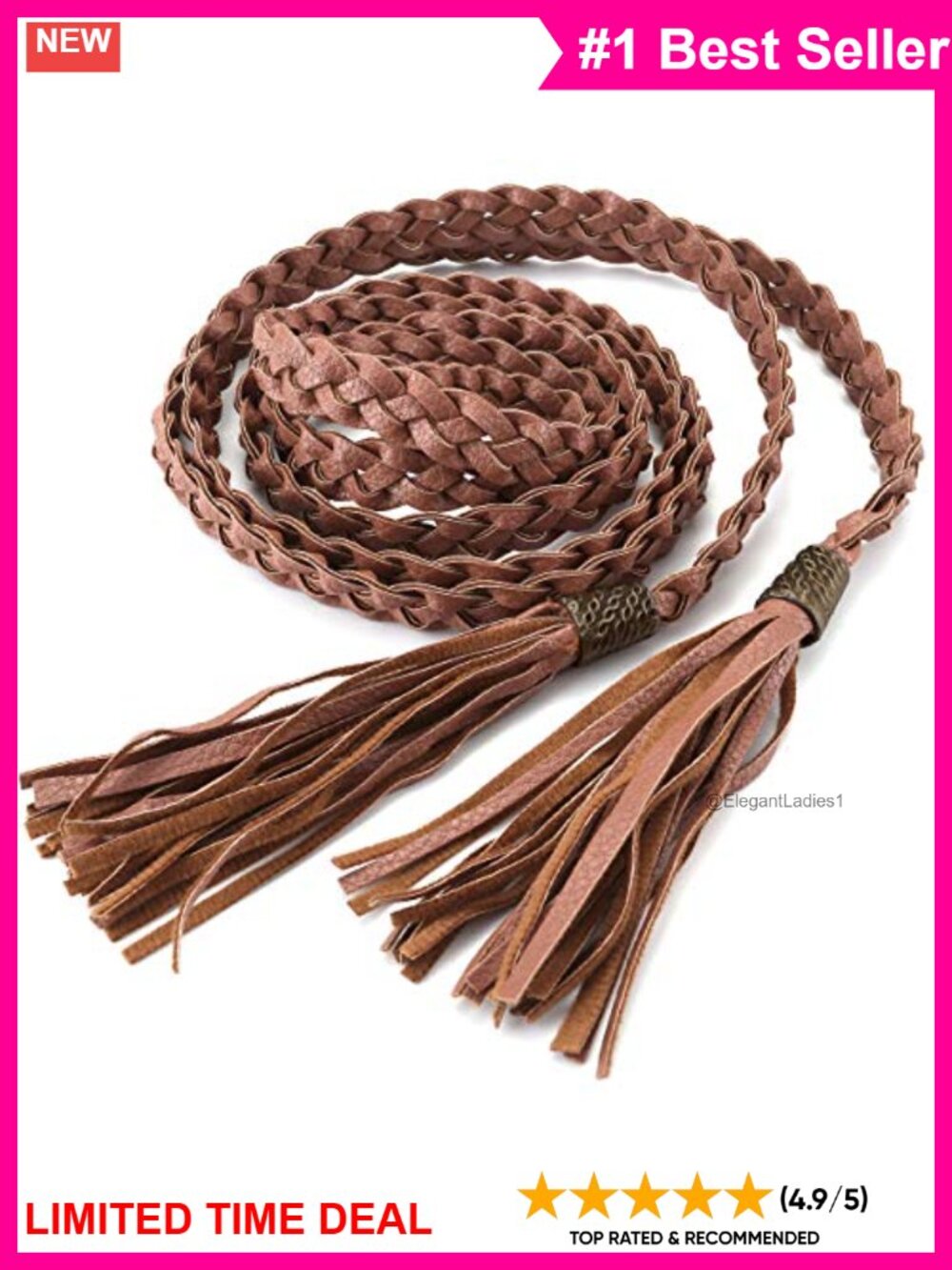 Braided PU Leather Tassel Rope Belt Boho Tie Waist Belt for Dresses